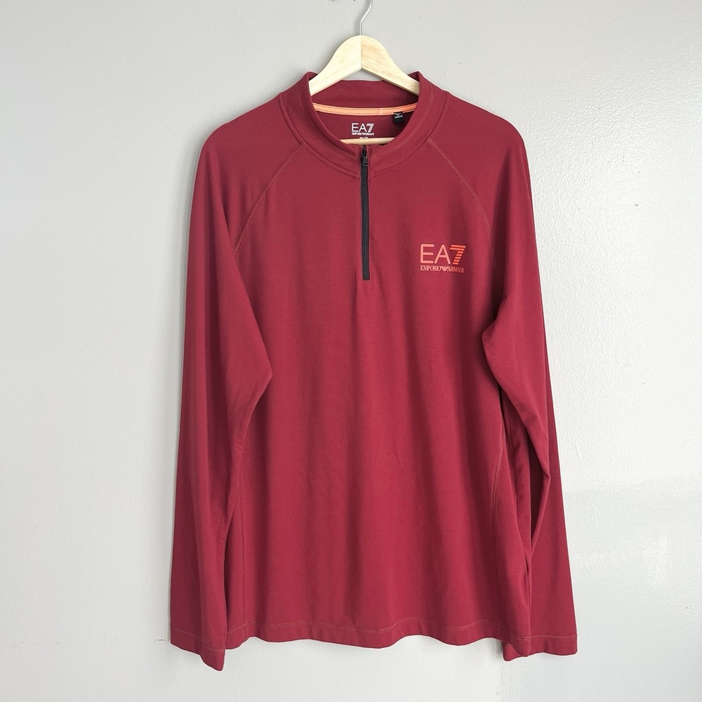 Emporio Armani 1/4 Zip Pullover Shirt EA7 Tee Long Sleeve Red Men's XXL *Stains